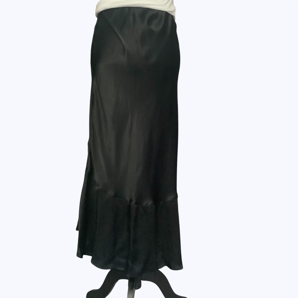 Anthropologie NWOT Asymmetrical Black Satin Flounce Ruffle Slip Midi Skirt SZ S - Picture 6 of 11
